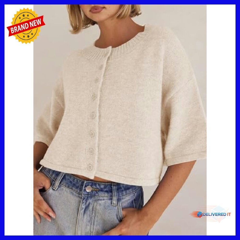 3/4 Sleeve Cropped Cardigan Sweater Button Down Crewneck Knit Top - Picture 4 of 8